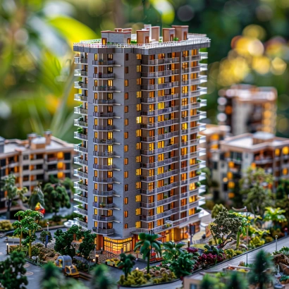 Miniature apartment model with tower elevations and lighting effects