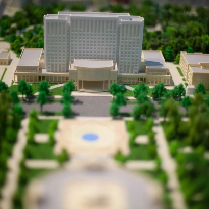 College campus architectural model with landscaping