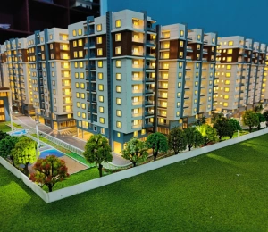 Highrise model of a residential skyscraper with podium