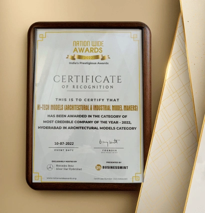 Hi-Tech Models (Architectural & Industrial Model Makers) wins Most Credible Company of the Year – 2022 under the Architectural Models category in Hyderabad, presented by NationWide Awards.